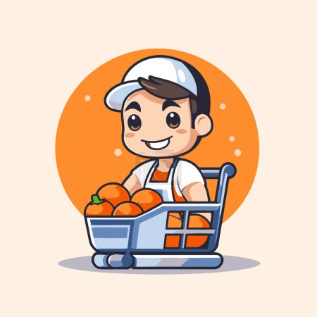 Ilustración de Lindo trabajador de supermercado de dibujos animados con carro de la compra. Ilustración vectorial. - Imagen libre de derechos