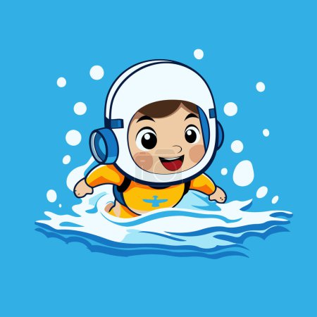 Téléchargez les illustrations : Mignon personnage astronaute dessin animé nageant sur l'eau. Illustration vectorielle - en licence libre de droit
