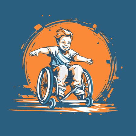 Téléchargez les illustrations : Garçon handicapé en fauteuil roulant. illustration vectorielle sur fond bleu. - en licence libre de droit