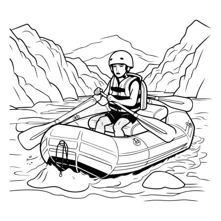 Ilustración de Rafting en las montañas. Ilustración vectorial en blanco y negro. - Imagen libre de derechos
