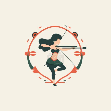 Téléchargez les illustrations : Femme de tir à l'arc avec arc et flèche. Illustration vectorielle de style plat. - en licence libre de droit