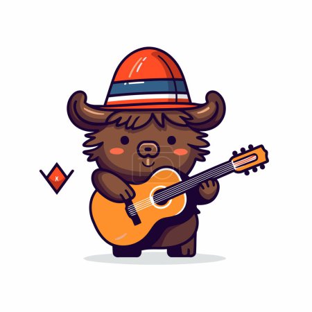 Illustration for Cute little bull in a hat with a guitar. Vector illustration. - Royalty Free Image
