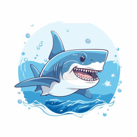 Téléchargez les illustrations : Mignon requin dessin animé dans l'océan. Illustration vectorielle sur fond blanc. - en licence libre de droit