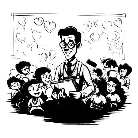 Illustration for Teacher with a group of children. Black and white vector illustration. - Royalty Free Image