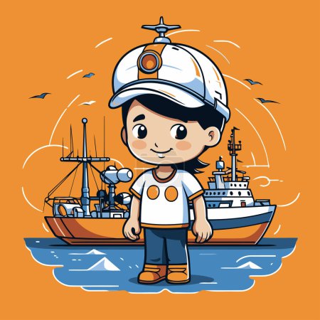 Illustration for Cute boy sailor standing in the ship. Vector cartoon illustration. - Royalty Free Image