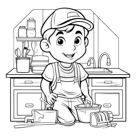 Ilustración de Ilustración de dibujos animados en blanco y negro de Cute Little Boy decorando la cocina en la página de inicio para colorear - Imagen libre de derechos