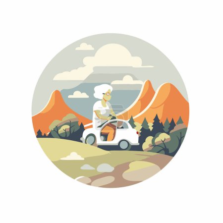Téléchargez les illustrations : Femme âgée conduisant une voiture dans les montagnes. Illustration vectorielle de style plat. - en licence libre de droit