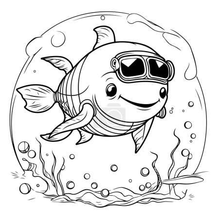 Ilustración de Ilustración de dibujos animados en blanco y negro de lindo personaje de pez para colorear libro - Imagen libre de derechos