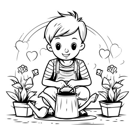 Illustration for Cute little boy watering plants. Vector illustration for coloring book. - Royalty Free Image