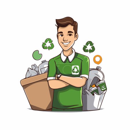 Ilustración de Voluntario con papelera de reciclaje. Ilustración vectorial en estilo de dibujos animados. - Imagen libre de derechos