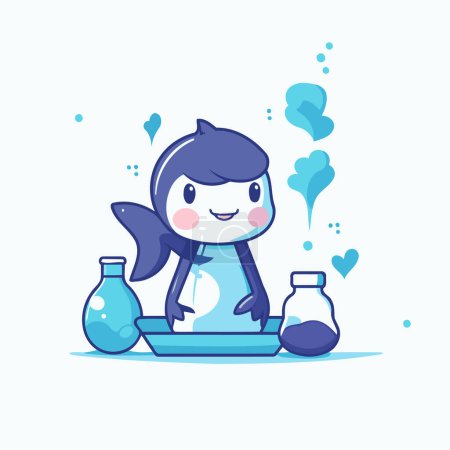 Illustration for Cute cartoon penguin with love potion. Vector flat illustration. - Royalty Free Image