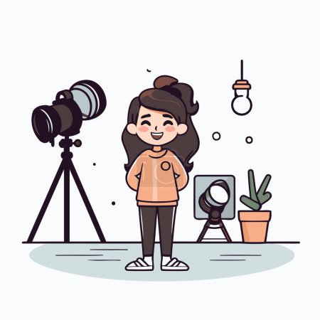 Illustration for Cute little girl with camera and lighting equipment. Vector illustration. - Royalty Free Image