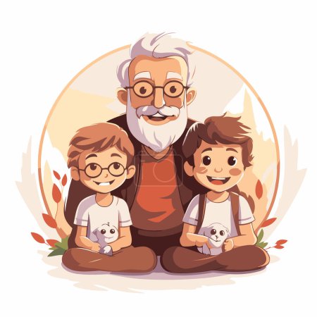 Téléchargez les illustrations : Grand-père avec ses petits-enfants. Illustration vectorielle en style dessin animé sur fond blanc. - en licence libre de droit