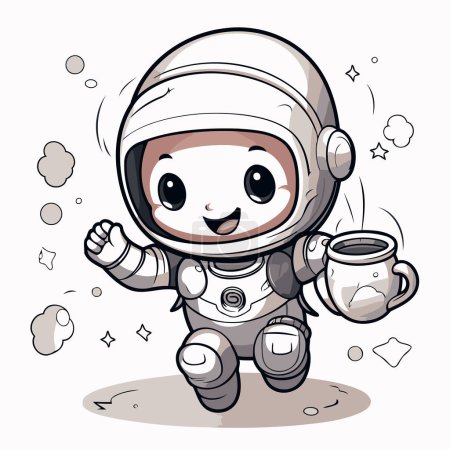Illustration for Cute cartoon astronaut with cup of coffee. Vector illustration on white background. - Royalty Free Image