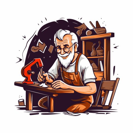 Illustration for Old craftsman working with tools in his workshop. Vector illustration. - Royalty Free Image