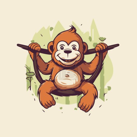 Vector illustration of a funny cartoon orangutan sitting on a swing.