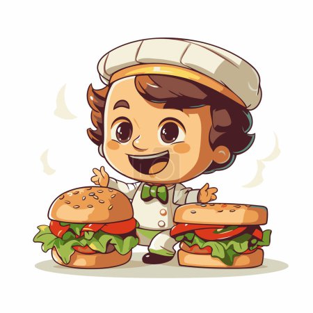 Illustration for Vector illustration of a cute cartoon chef with hamburgers on white background - Royalty Free Image