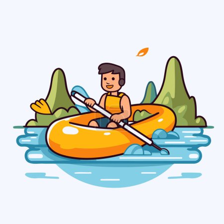 Illustration for Man kayaking in the river. Vector illustration in cartoon style. - Royalty Free Image