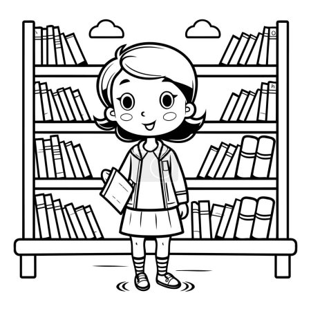 Ilustración de Linda niña en la biblioteca. Ilustración vectorial en blanco y negro. - Imagen libre de derechos
