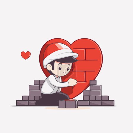 Téléchargez les illustrations : Homme au cœur et au mur de briques. Concept de Saint-Valentin. Illustration vectorielle - en licence libre de droit