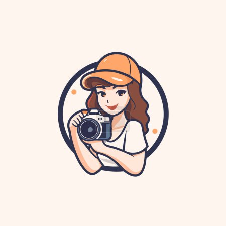 Illustration for Photographer girl in cap and t-shirt with camera. Vector illustration - Royalty Free Image