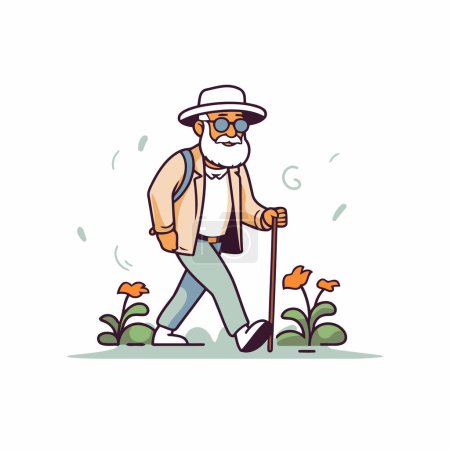 Téléchargez les illustrations : Vieil homme marchant dans le parc. Illustration vectorielle dans le style dessin animé. - en licence libre de droit