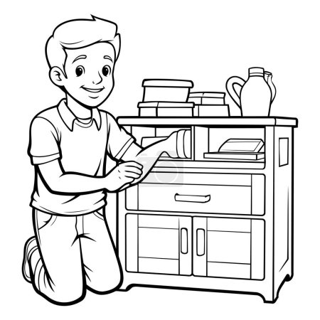 Illustration for Black and White Cartoon Illustration of Boy Laundry Cleaning Furniture at Home for Coloring Book - Royalty Free Image