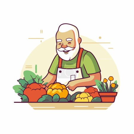 Téléchargez les illustrations : Homme âgé dans un tablier vendant des fruits et légumes. Illustration vectorielle plate. - en licence libre de droit