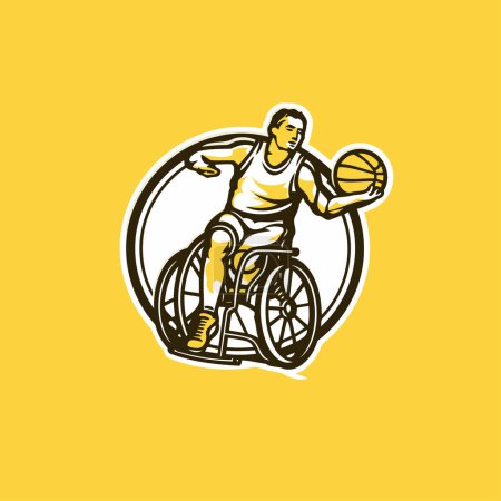 Illustration for Disabled man in wheelchair playing basketball. vector illustration on yellow background - Royalty Free Image
