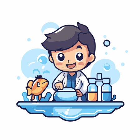 Téléchargez les illustrations : Illustration vectorielle d'un garçon lavant du poisson avec du savon et du shampooing dans la salle de bain - en licence libre de droit