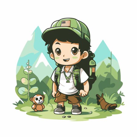 Illustration for Cute little boy with backpack hiking in the forest vector illustration. - Royalty Free Image
