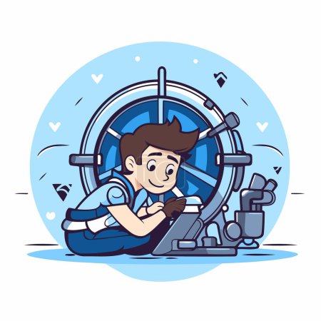Illustration for Vector illustration of a boy in a helmet on a ship wheel. - Royalty Free Image