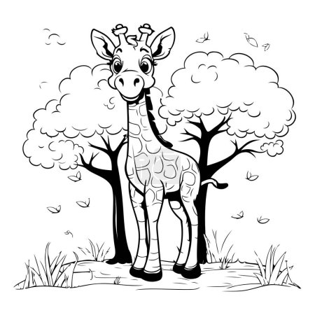 Téléchargez les illustrations : Girafe dans la forêt. Illustration vectorielle noir et blanc. - en licence libre de droit