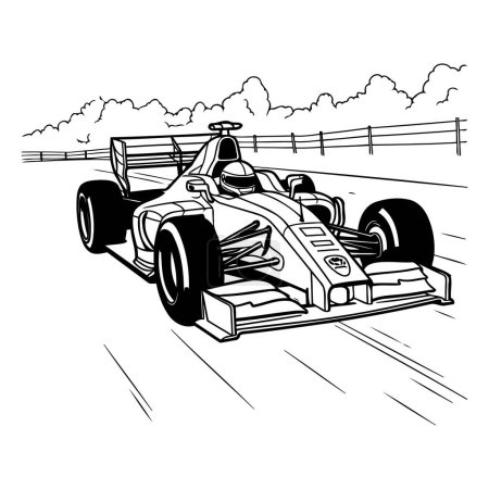 Illustration for Racing car on the track. Hand drawn vector illustration in cartoon style. - Royalty Free Image
