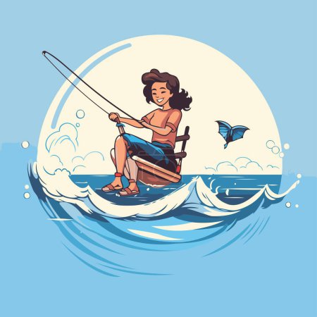 Illustration for Girl on a boat with a fishing rod in the sea. Vector illustration - Royalty Free Image
