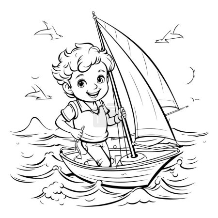 Ilustración de Niño navegando en un barco - ilustración vectorial en blanco y negro para colorear libro - Imagen libre de derechos