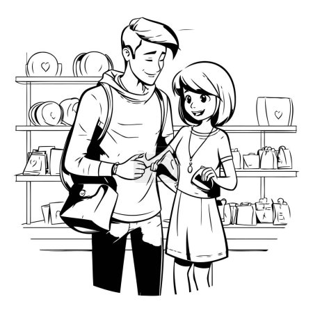 Téléchargez les illustrations : Illustration en noir et blanc d'un père et d'une fille faisant du shopping au supermarché. - en licence libre de droit