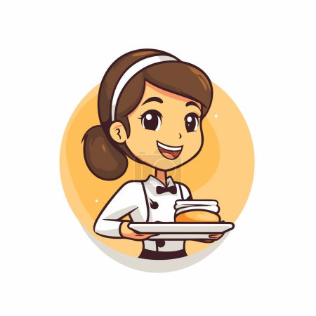 Illustration for Cute girl chef holding plate with food. cartoon vector illustration. - Royalty Free Image