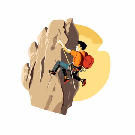 Illustration for Young man climbing on a cliff. Vector illustration in cartoon style. - Royalty Free Image