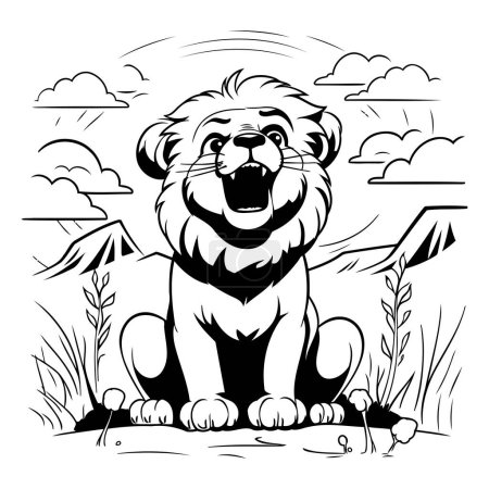 Téléchargez les illustrations : Lion assis sur l'herbe. Illustration vectorielle noir et blanc. - en licence libre de droit