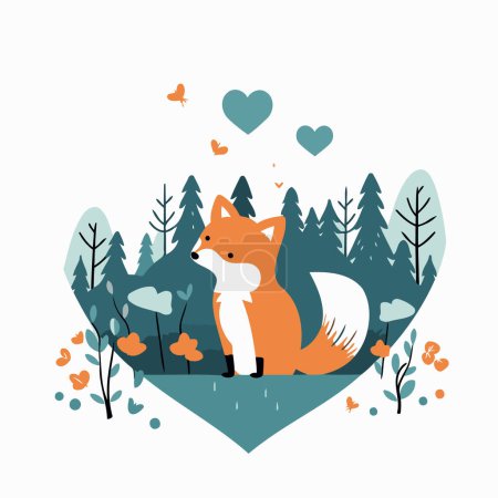 Illustration for Cute fox in the forest. Vector illustration in flat style. - Royalty Free Image