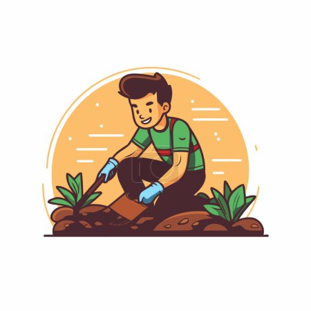 Illustration for Gardener working in the garden. Vector flat cartoon illustration. - Royalty Free Image
