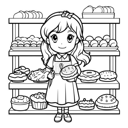Illustration for Black and White Cartoon Illustration of Cute Little Girl in Bakery Shop - Royalty Free Image