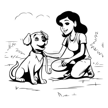 Ilustración de Ilustración vectorial de niña y perro en la hierba. Imagen en blanco y negro. - Imagen libre de derechos