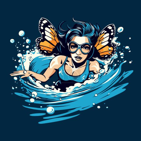 Illustration for Surfer girl with a butterfly. Vector illustration of a female surfer. - Royalty Free Image