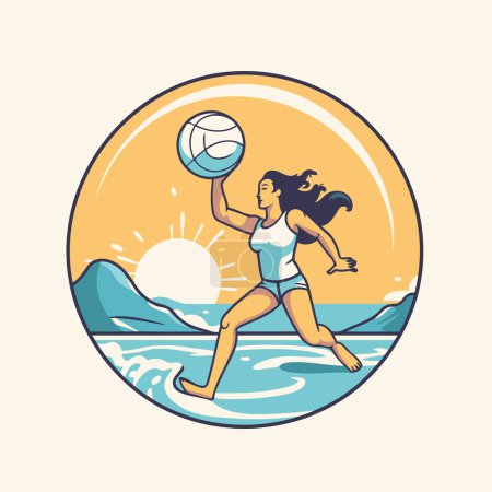 Illustration for Girl playing volleyball on the beach. Vector illustration in retro style. - Royalty Free Image
