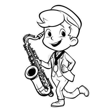 Téléchargez les illustrations : Garçon jouant du saxophone Illustration de bande dessinée noir et blanc. Vecteur - en licence libre de droit