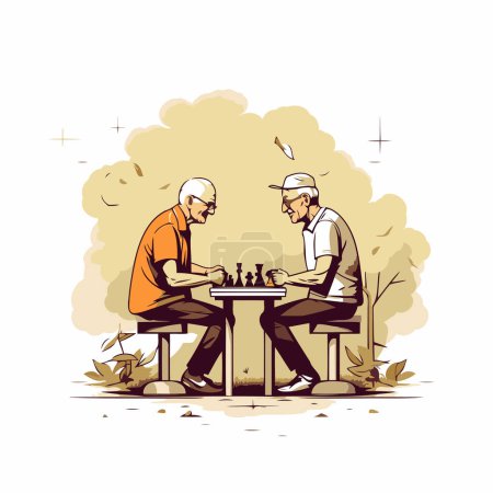 Illustration for Two old men playing chess in the park. Retro style vector illustration. - Royalty Free Image