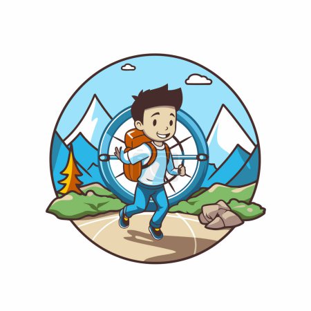 Téléchargez les illustrations : Homme de randonnée avec un sac à dos dans les montagnes. Illustration vectorielle. - en licence libre de droit