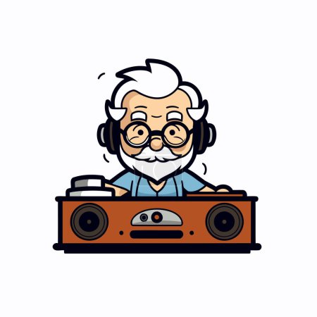 Téléchargez les illustrations : Old Man DJ - Illustration vectorielle de personnage de mascotte de bande dessinée rétro - en licence libre de droit